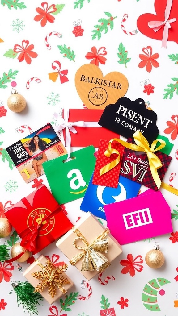 A collection of gift cards on a holiday background with decorations.